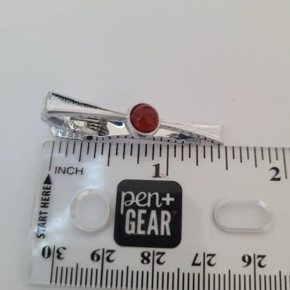 Rolled Gold Silver Tie Bar Clip Tac Clasp Retro‎ Red Cabochon Lightweight Small
